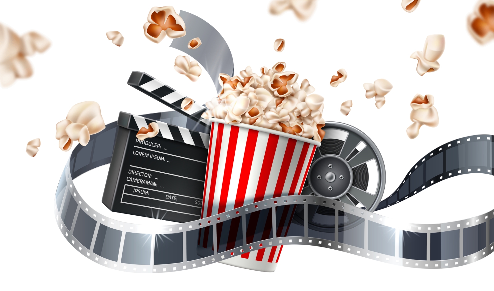 Popcorn Bucket, Clapperboard, Movie Tape and Reel, Flying Popcorn in Motion